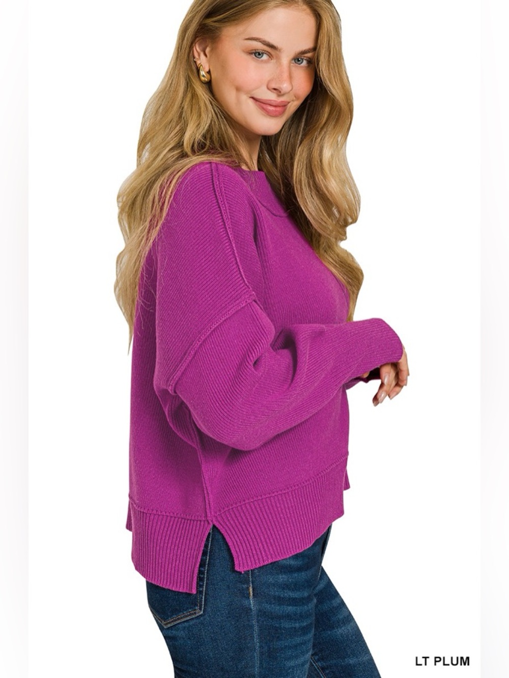 Zenana Wide Neck Band Drop Shoulder Sweater - Picture 3 of 4